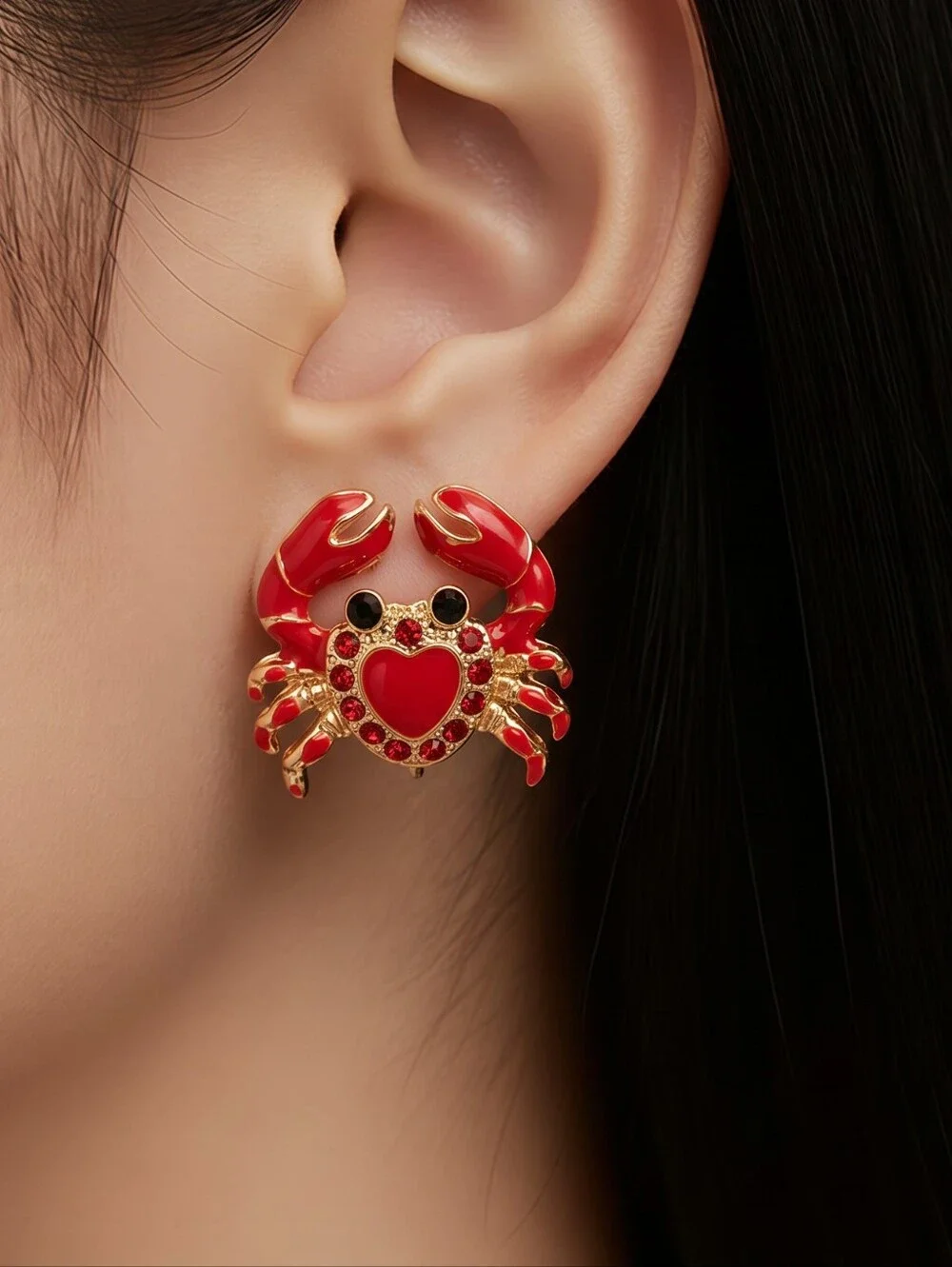 Charming Crab Earrings Red & Gold Rhinestone Studded Pierced Stud Post Nautical